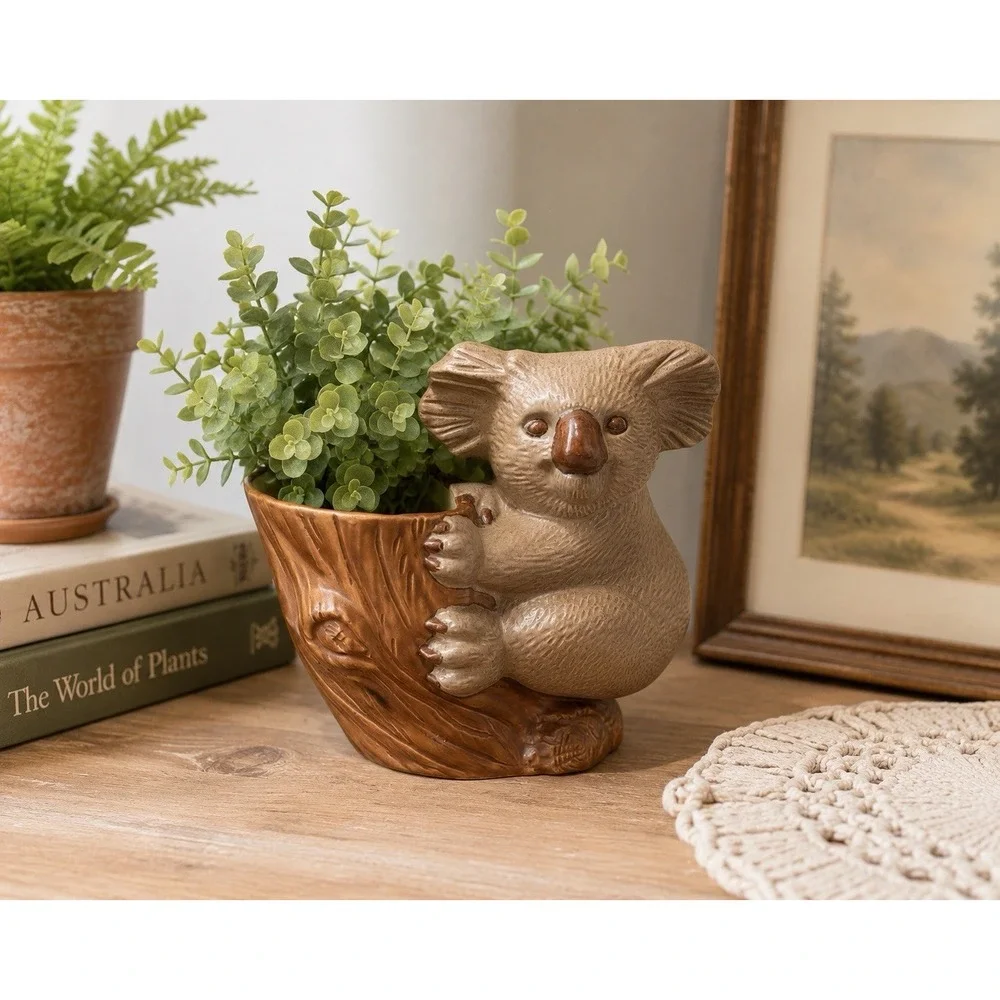 Vintage Koala Bear Planter Ceramic Tree Stump Cache Pot Kitschy Animal Decor